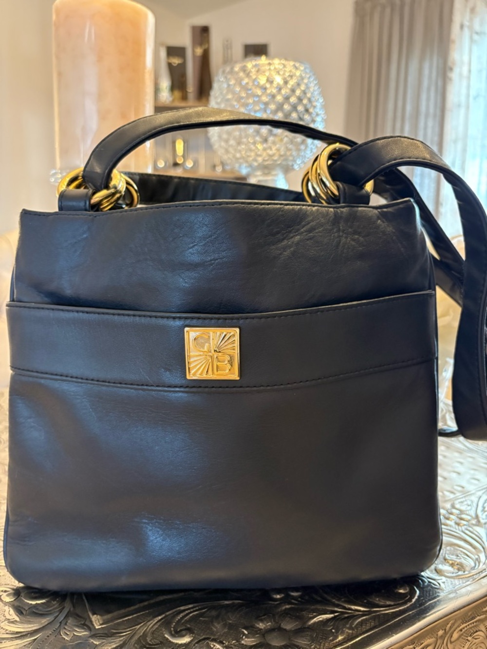 Giani Bernini Navy Blue Leather Shoulder Bag with Gold Tone Accents